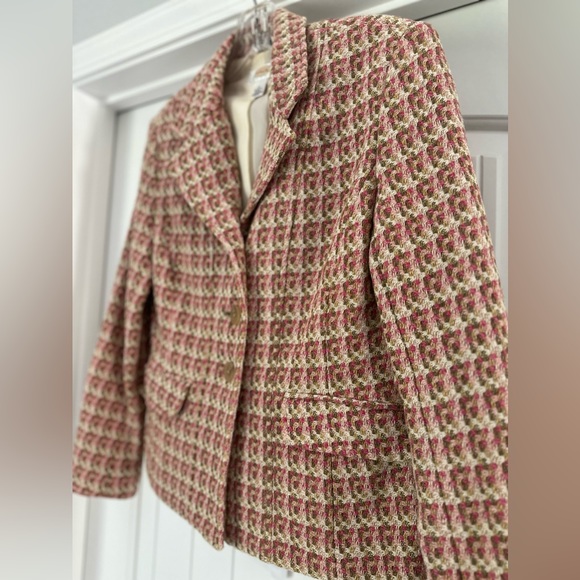 TALBOTS TWEED PINK BEIGE TAN WHITE ACCENT BUTTON UP BLAZER JACKET SIZE 4P - Picture 2 of 12
